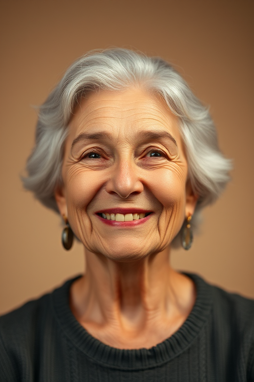 portrait of an elderly woman with long gray hair smiling softly, warm lighting, neutral background, 85mm lens, f/1.8 aperture, ISO 100, 1/200s shutter speed, studio setup