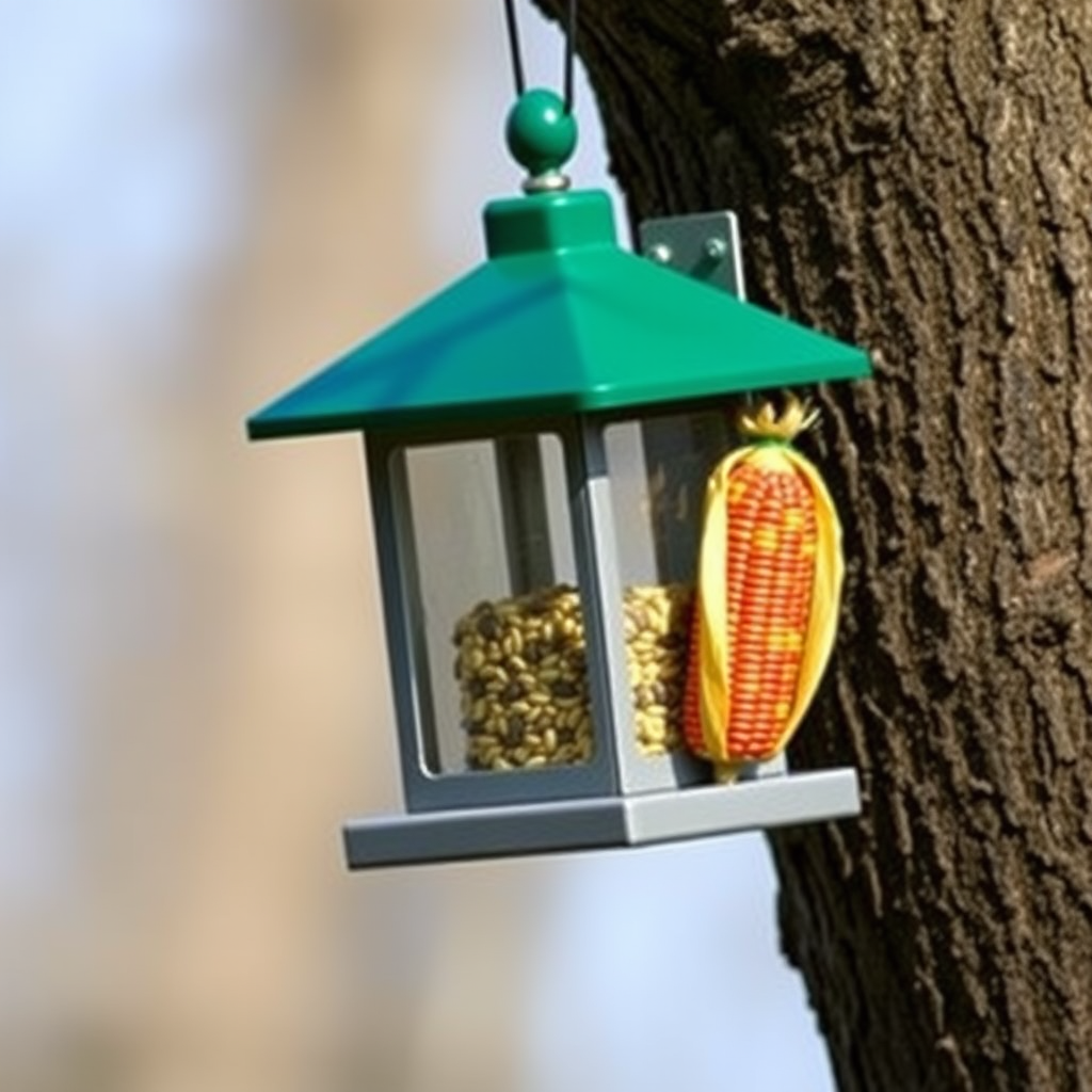 Create a high-resolution image of a bird feeder mounted on a tree trunk with a green roof, featuring a glass front showing seeds inside and a corn cob on the side; use a DSLR camera with a 50mm f/1.8 lens, set to aperture f/2.8, ISO 200, and a shutter speed of 1/250s, captured in natural light with a shallow depth of field for a soft background blur.