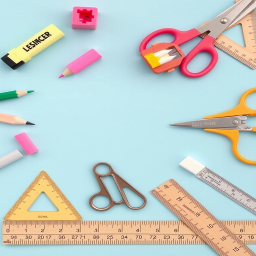 Create a flat lay image of school stationery including a highlighter, pencil sharpener, pencil, scissors, triangle ruler, compass, eraser, and straight ruler arranged on a light blue background, using a DSLR camera with a 50mm lens at f/2.8, ISO 100, and natural lighting for enhanced quality.