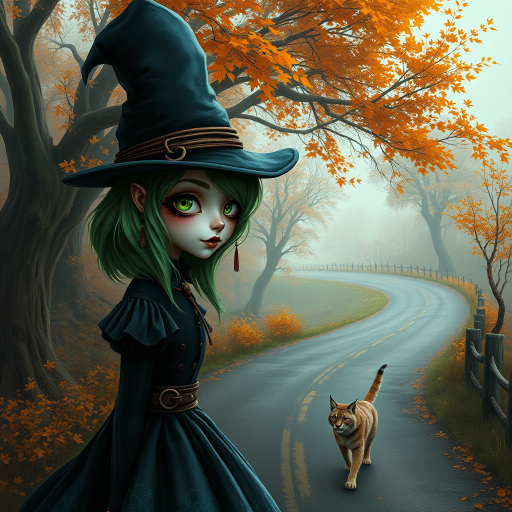 digital art fantasy depicting a strange girl with green hair, long eyelashes, black lipstick and a tall hat walking along a winding road on an autumn afternoon, an Lynx smiles as she passes