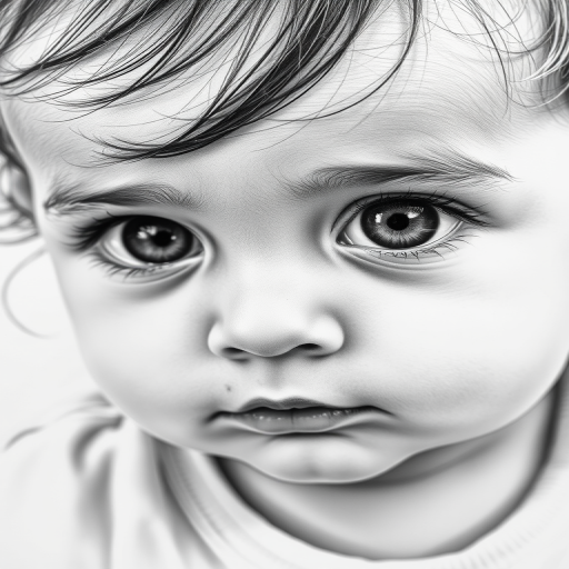 A hyperdetailed photorealistic black and white sketch of a beautiful toddler with deep brown eyes, with a macro focus