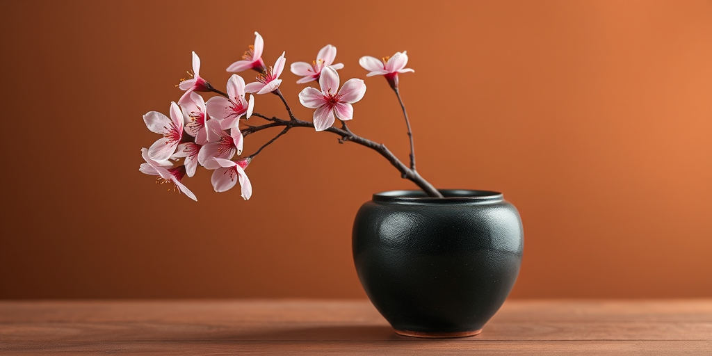 Create an image of a dark ceramic pot with a branch of pink cherry blossoms emerging from it, set against a warm brown background, using a DSLR camera with a 50mm lens, aperture set to f/2.8, shutter speed of 1/125s, and ISO 100, capturing a soft focus on the pot while maintaining sharpness on the blossoms, in a minimalist style.