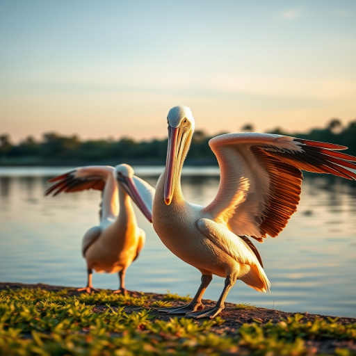 Capture a scene of two pelicans by a tranquil lake, focusing on their majestic wings spread wide, with a shallow depth of field and vibrant colors, using a Canon EOS 5D Mark IV, 70-200mm lens at f/4, ISO 200, 1/500s, natural light during golden hour.