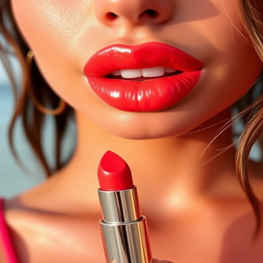 Vibrant "Coral Sunset" lip color adorns full, pouty lips with a glossy finish, reflecting warm hues of orange and pink, perfect for summer evenings and beachside cocktails