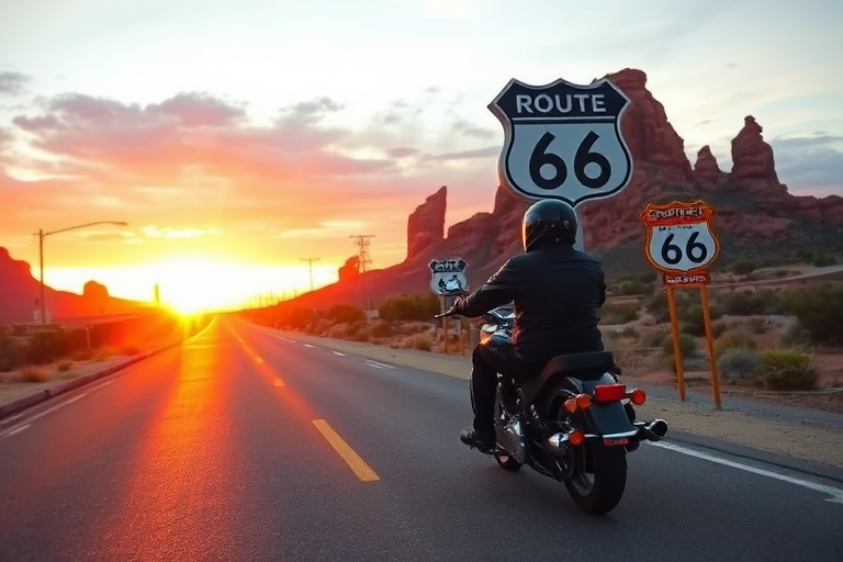 Capture a scenic sunset view along Route 66 with a motorcyclist riding towards the horizon, emphasizing red rock formations and vintage signs, use a DSLR camera with a 35mm lens, aperture f/8, ISO 100, and a golden hour lighting style for enhanced warmth and clarity.