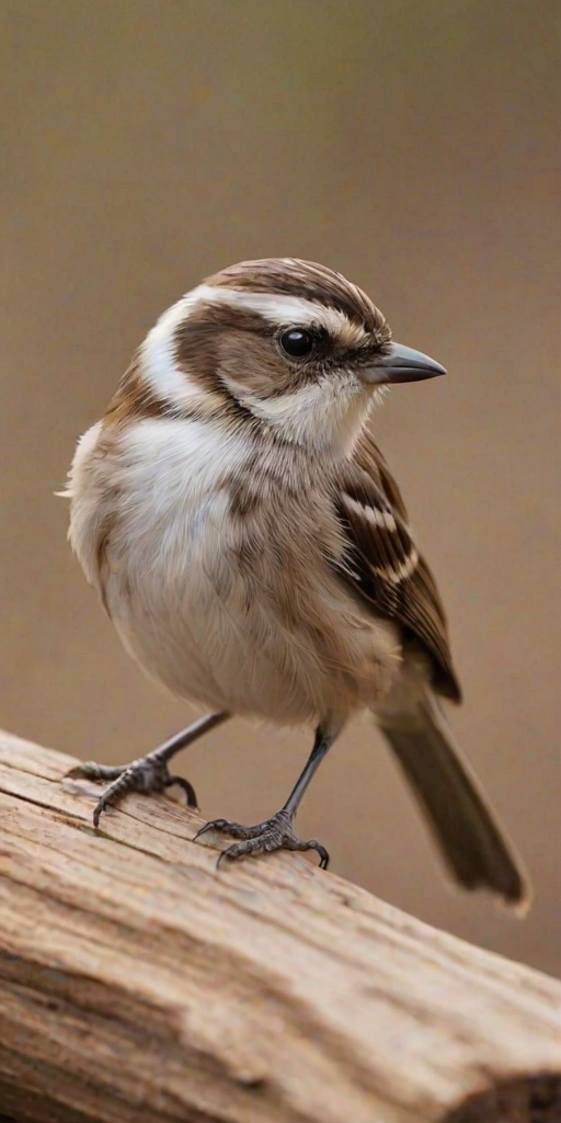 generate an image of a small bird perched on a wooden log with a blurred background, featuring brown and white streaked feathers and a slightly rounded body