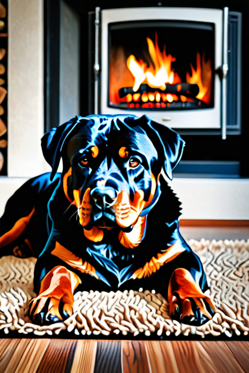 I want a picture of a Rottweiler laying on a rug in front of a wood ...