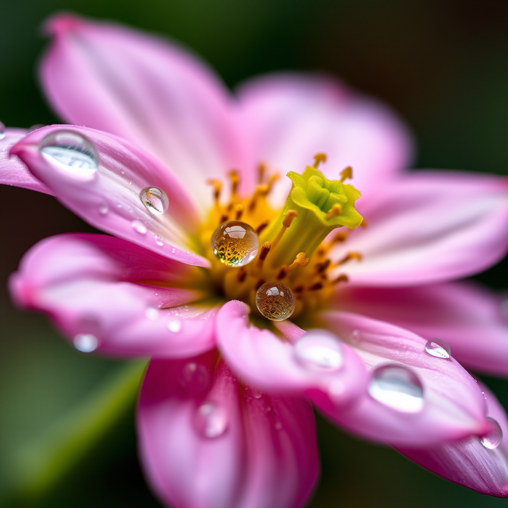Close-up shot of a flower with water droplets on its petals, shallow depth of field, f/2.8 aperture, 100mm macro lens, ISO 200, natural lighting, captured with a DSLR camera.