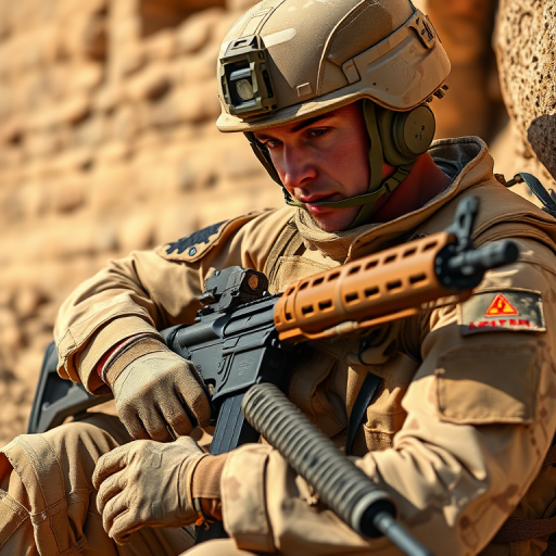 A soldier in desert camouflage sitting and resting with a rifle, focusing on details, captured with a Canon EOS 5D Mark IV, 50mm lens, aperture f/2.8, shutter speed 1/1000s, ISO 200, natural light.