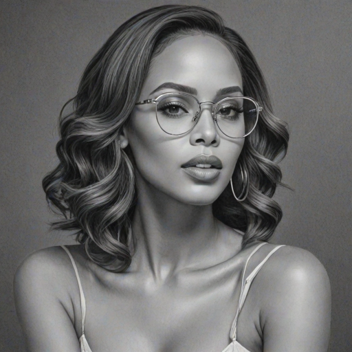 Enticing Erica Mena, pencil sketch, portrait of Stunning woman 1932s in glasses, hair style beatnik, outline, clear lines, fine lines, 8k