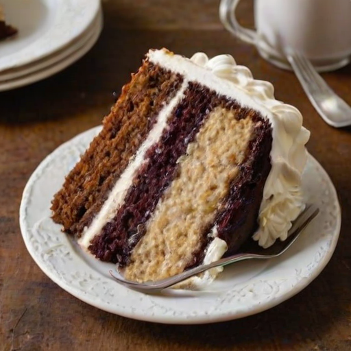 Create an image of a slice of cake on a plate with a fork beside it. The cake should have multiple layers, featuring a creamy filling and a crumbly crust. The plate should have a rustic appearance, and the background should include hints of a cozy kitchen setting.