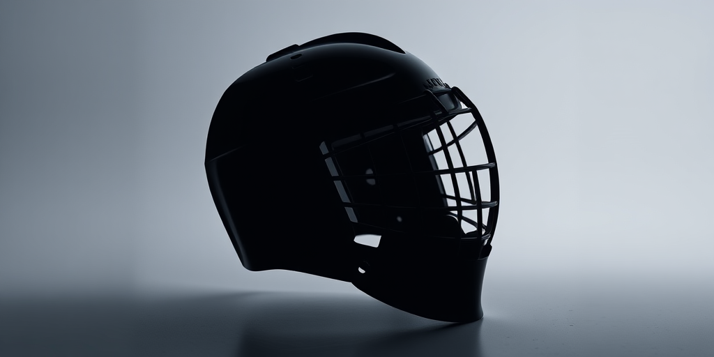 Create a high-resolution image of a hockey goalie mask silhouette on a solid background, using a DSLR camera with aperture set to f/2.8, ISO 100, shutter speed 1/250s, taken from eye level with a slight focus on the mask's details, in portrait orientation.