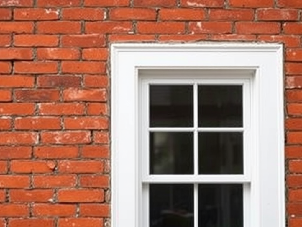 photograph of a white window on a textured red brick wall, taken with a DSLR camera using a 35mm lens, aperture f/8, shutter speed 1/250s, ISO 100, with a soft natural light and sharp focus on the window, capturing the vibrant details of the bricks and reflection in the glass