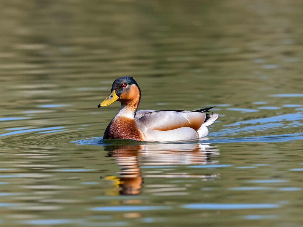 A high-resolution photograph of a duck gliding on calm water, captured at a low angle with a Canon EOS 90D camera, 300mm lens, f/4 aperture, 1/1000s shutter speed, ISO 400, natural lighting for enhanced detail and vibrant colors.