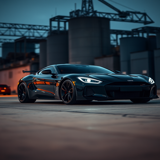regenerate a high-quality image of a sleek black sports car in a moody industrial setting at dusk, using a Canon EOS R5 with a 35mm f/1.4 lens, aperture set to f/2.8, shutter speed 1/60 sec, ISO 200, low angle shot, soft focus background, emphasizing dramatic lighting and car details.