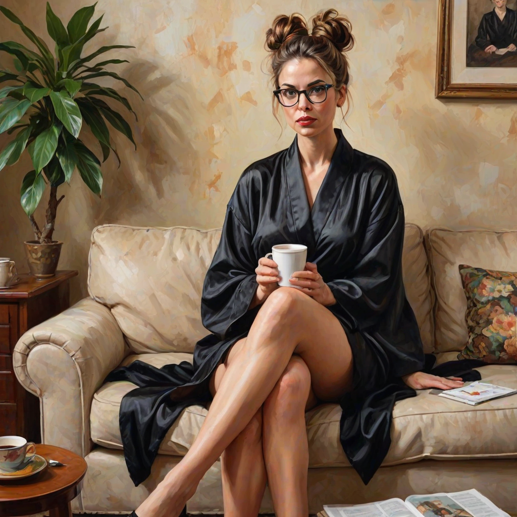 The words ‘Professional Overthinker’ (exact spelling) An exaggerated whimsical illustration of a cute silly lady with unruly messy brown bun and black glasses pouty lips and a thinking expression. Shes sitting on the couch, legs folded wearing a black silk robe, black fuzzy slippers. She’s holding her coffee cup and making a deep-in-thought face.  A quirky scruffy cat (dog) looking at her against a mottled, oil painting style soft background living room setting.