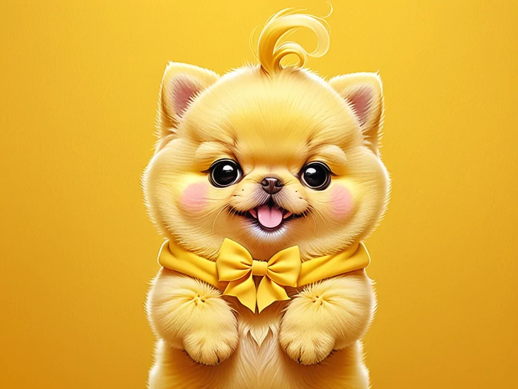 Adorable Yellow Pomeranian Puppy with a Cute Bowtie on a Bright Background