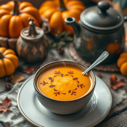 Capture a steaming bowl of pumpkin soup with intricate designs, surrounded by a cozy autumn scene featuring pumpkins, a decorative pot, and a spoon, using a Canon EOS R5, ISO 100, f/2.8, 50mm lens, natural light, shallow depth of field for a warm and inviting atmosphere.