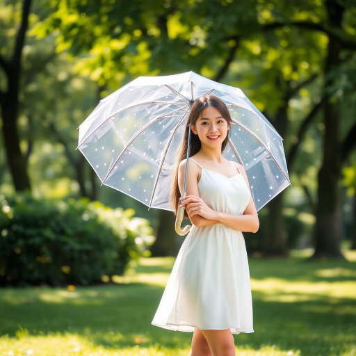 Capture a young woman in a white dress holding a transparent umbrella in a lush green park, with soft sunlight filtering through the trees, using a DSLR camera, 50mm lens, f/1.8 aperture, 1/250s shutter speed, and ISO 100 for enhanced image quality and depth of field.