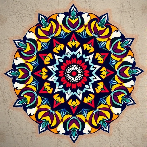 Create an image of a stylized, intricate mandala design with vibrant colors, using a DSLR camera at f/4 aperture, ISO 100, 50mm lens, shooting from a top-down view at a 90-degree angle for enhanced detail and clarity.