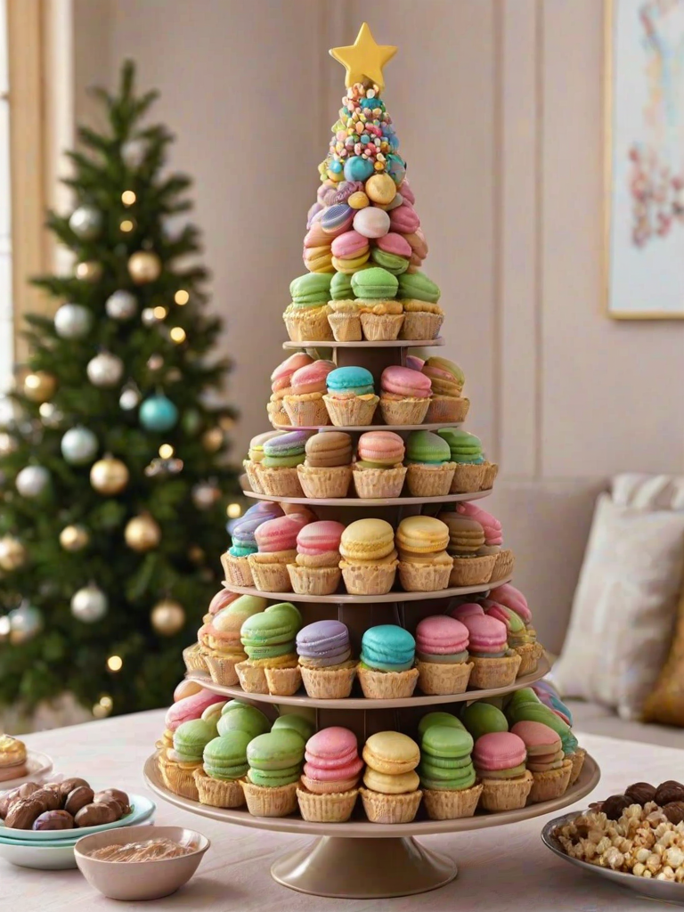 Create an image of a whimsical dessert tower shaped like a Christmas tree. The tower should be decorated with an assortment of colorful macarons, donuts, and ice cream cones. Add popcorn and various candies in pastel shades, with a drizzling of chocolate on the base. The overall look should be festive and playful, evoking a sense of celebration and joy.