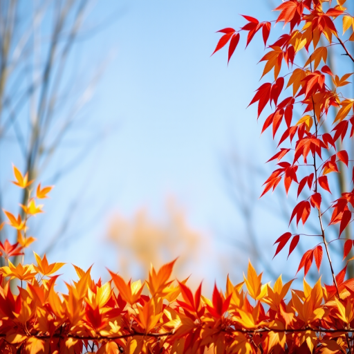 Capture a vibrant autumn-themed background featuring bright red and orange stripes with a border of golden and crimson leaves, using a DSLR camera, f/2.8 aperture, 50mm lens, capturing in natural light for enhanced color saturation and depth.