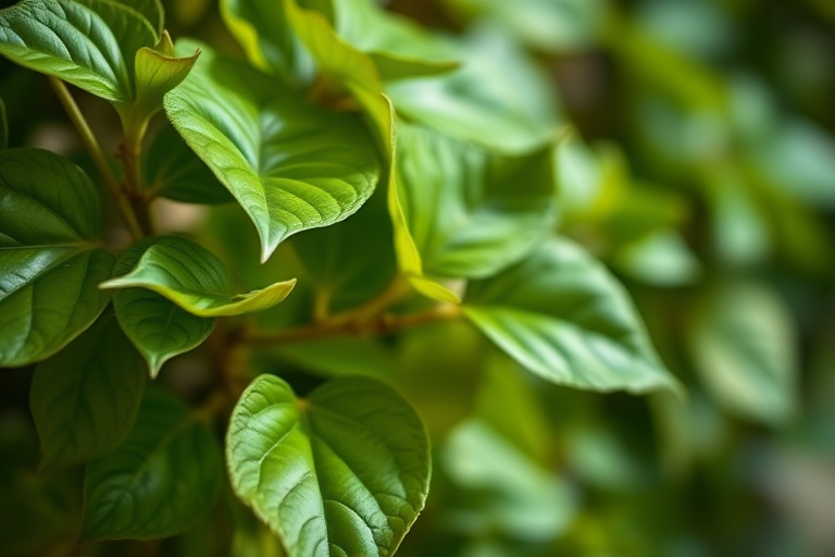 A high-resolution close-up of a green vine with glossy leaves, captured using a DSLR camera with a 50mm lens, f/2.8 aperture, ISO 100, natural lighting, shallow depth of field, and a soft-focus background to enhance the subject.