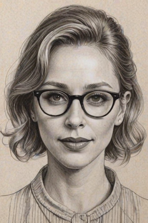 Charming Vera Farmiga, pencil sketch, portrait of Charming woman 1957s in glasses, hair style beatnik, outline, clear lines, fine lines, 8k