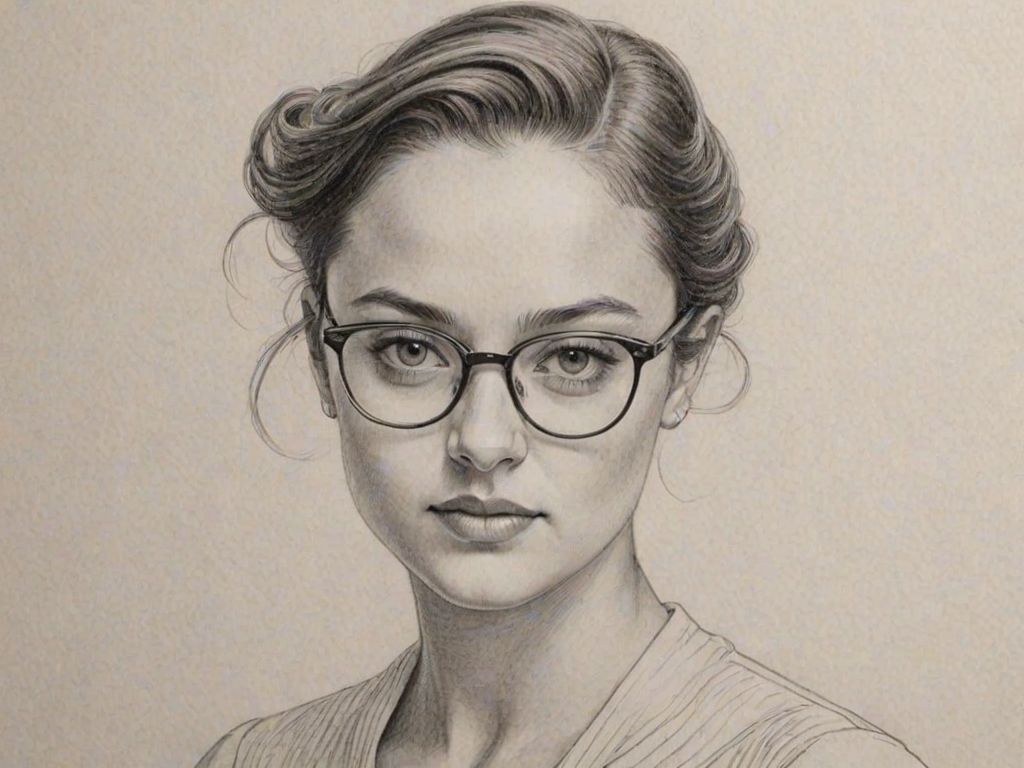 Exquisite Ashleigh Barty, pencil sketch, portrait of Exquisite woman 1951s in glasses, hair style beatnik, outline, clear lines, fine lines, 8k