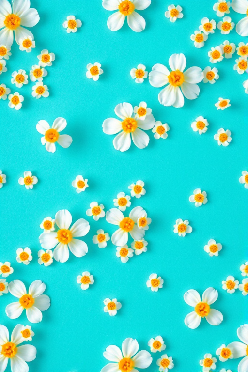 Create a seamless pattern of small white flowers with yellow centers on a bright turquoise background, using a macro lens at f/2.8, ISO 100, and a 50mm lens to ensure high detail and vibrant color saturation.