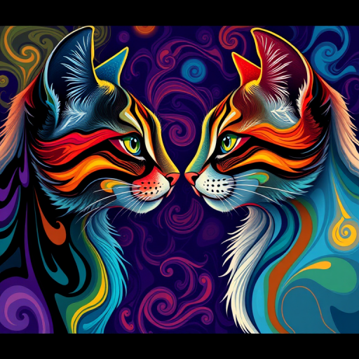 Create an abstract art piece of two stylized cats facing each other, vibrant colors with swirling patterns, camera settings: f/8, ISO 100, shutter speed 1/125s, camera view: close-up, camera style: vivid detail, camera type: DSLR.