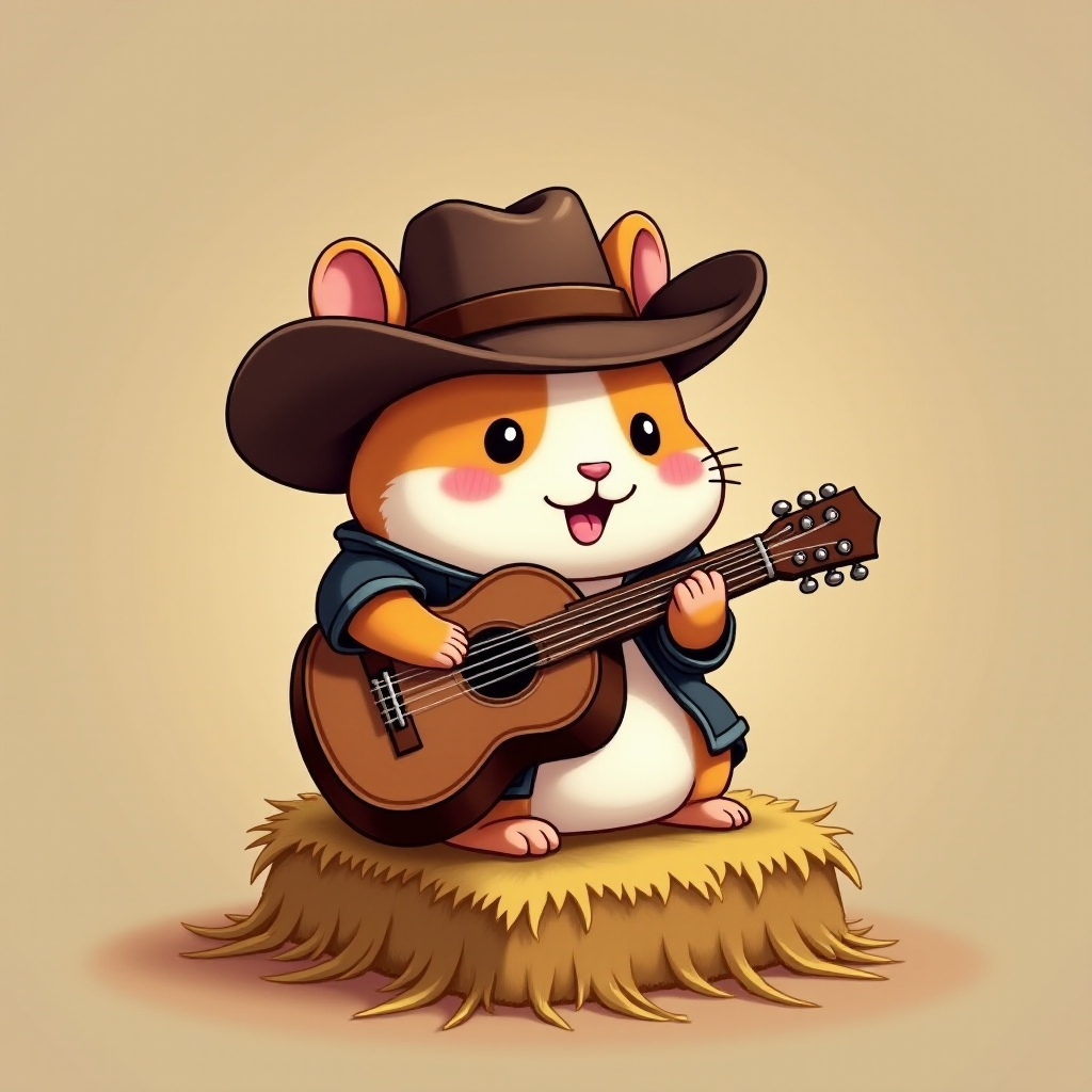 A chibi hamster, dressed as a cowboy, playing guitar, sitting on a hay bale
