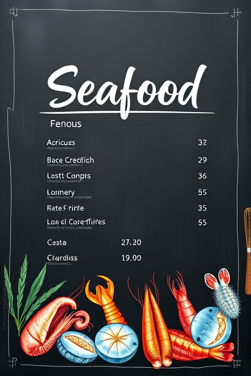 Create a high-resolution seafood menu design with a chalkboard background, featuring colorful watercolored illustrations of various seafood at the bottom, use a DSLR camera with an aperture setting of f/2.8, ISO 100, and a focal length of 50mm for a sharp focus and vibrant colors, in a top-down view style.