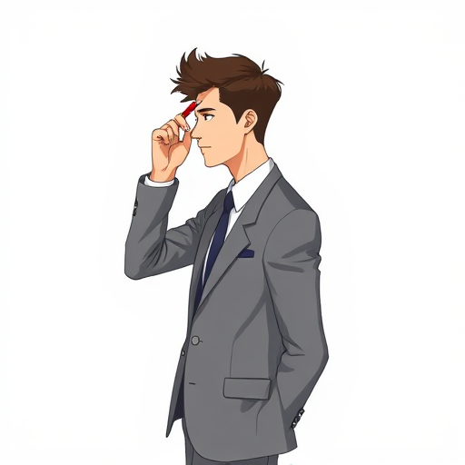 Create an illustration of a person in a gray suit, holding a red pen to their forehead in a thoughtful pose, with a minimalist background and soft shadows; camera settings: f/4, ISO 100, shutter speed 1/125s; camera view: side profile; camera style: illustration; camera type: digital.
