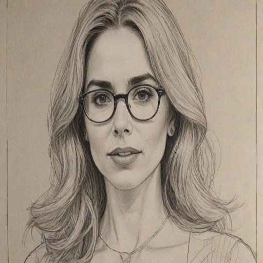 Wonderful Kerry Butler, pencil sketch, portrait of Comely woman 1974s in glasses, hair style beatnik, outline, clear lines, fine lines, 8k