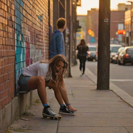 Crowded urban street at sunset, a woman leans against a brick wall, graffiti surrounding her, as she watches skateboarders pass by, the city coming to life around her.
