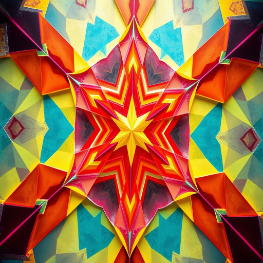 Create a high-resolution image of a geometric abstract pattern with vibrant colors, using a Canon EOS R5 camera at f/8 aperture, ISO 100, and a focal length of 50mm, shot from a top-down view with natural lighting.