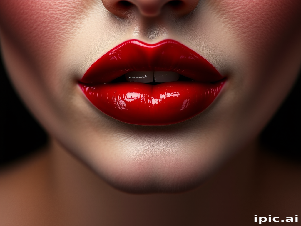 Blood-red lips with a high-shine vinyl finish, exuding sensuality and drama, perfect for a vampiric or gothic-inspired costume party