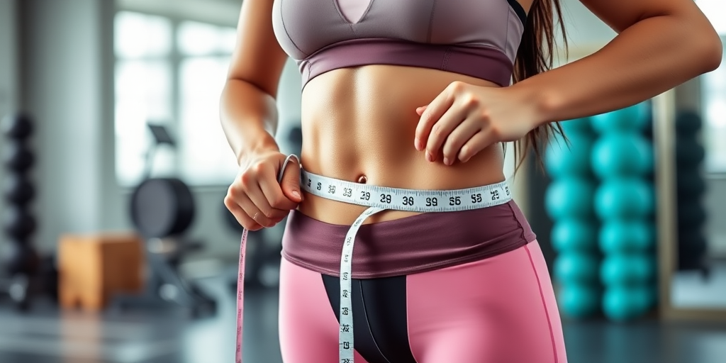 Woman in athletic wear measuring her waist with a tape measure, indoor gym setting, soft natural lighting, 50mm lens, aperture f/2.8, shutter speed 1/100s, ISO 200, shallow depth of field.