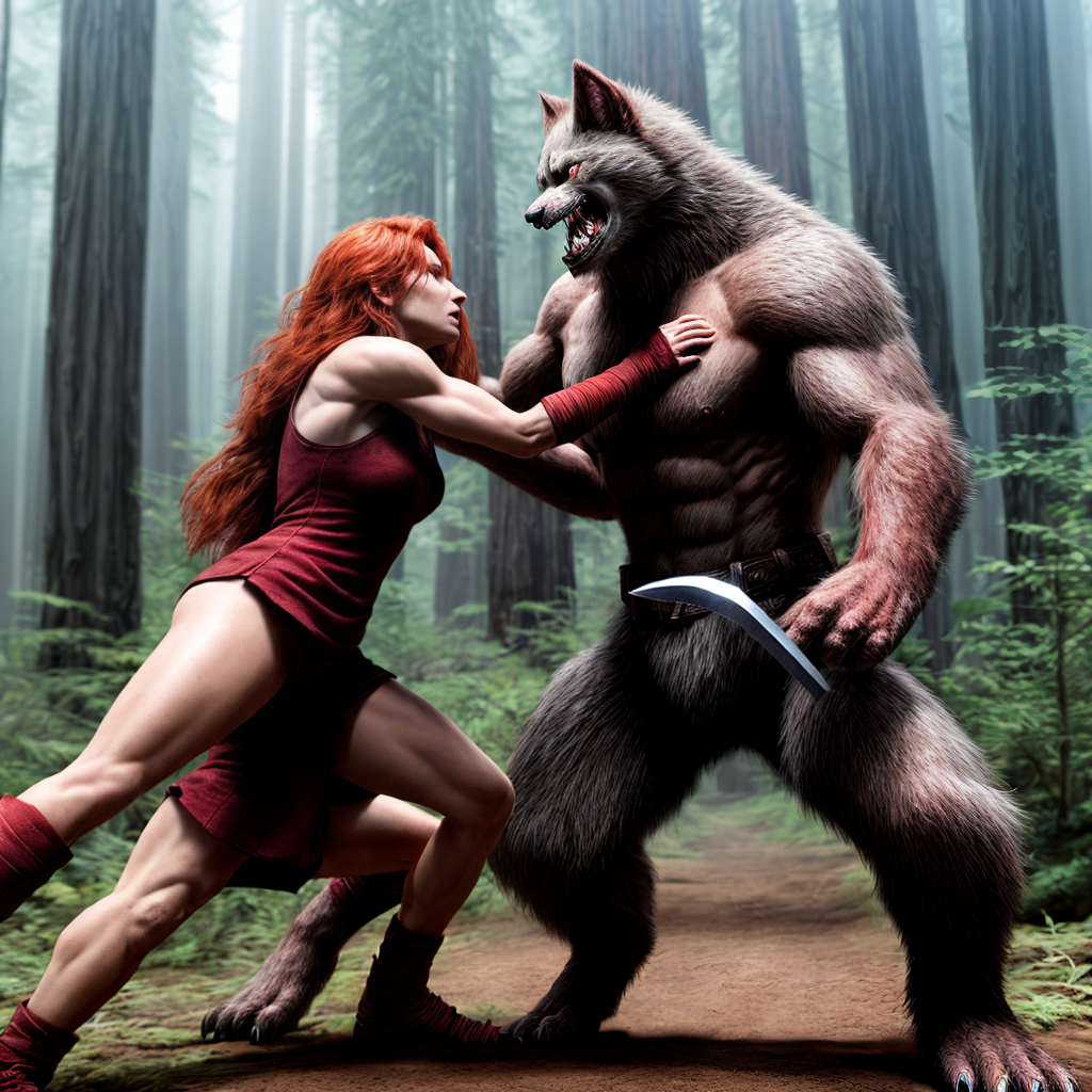 A red-haired primitive woman fighting with a sword against a werewolf in a redwood forest