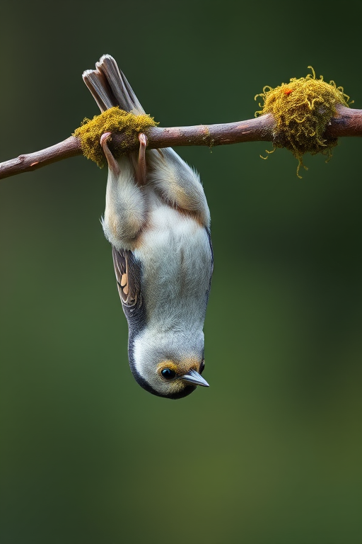 Capture a close-up of a small bird perched upside down on a moss-covered branch with a soft, blurred background, using a DSLR camera with a 50mm f/1.8 lens, aperture set to f/2.8, shutter speed at 1/200s, and ISO at 400 for enhanced detail and depth of field.