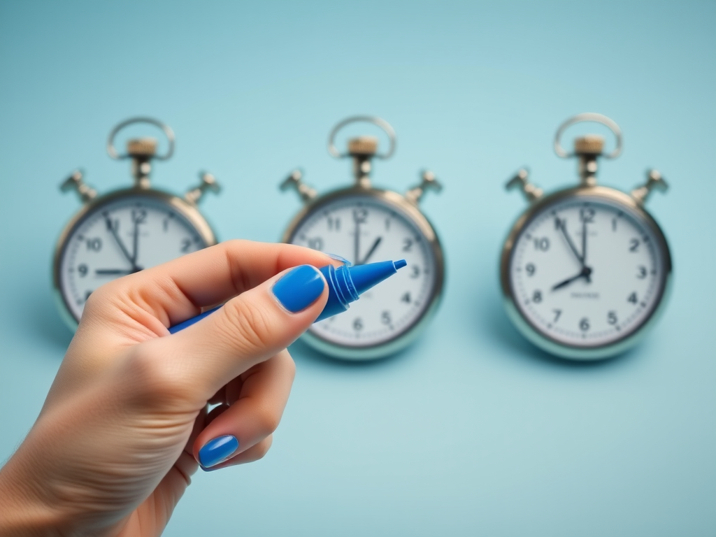 Create an image of a hand holding a blue marker in front of multiple transparent stopwatches, with a light blue gradient background, using a DSLR camera with a 50mm lens at f/1.8, ISO 100, and a shutter speed of 1/200s, capturing a sharp focus on the marker while blurring the stopwatches in the background.