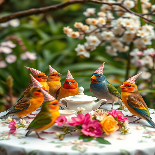 A whimsical garden tea party with colorful birds wearing tiny party hats, gathering around a beautifully laid table adorned with flowers and tea sets, lush greenery and blooming trees in the background, soft natural lighting, macro lens, f/2.8 aperture, 1/200 sec shutter speed, 50mm lens.