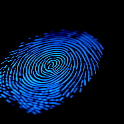 create a high-resolution image of a glowing blue fingerprint on a black background, using a DSLR camera with a 50mm lens, aperture set to f/1.8, shutter speed of 1/125 sec, ISO 100, shot in macro view with a soft focus effect for enhanced depth.