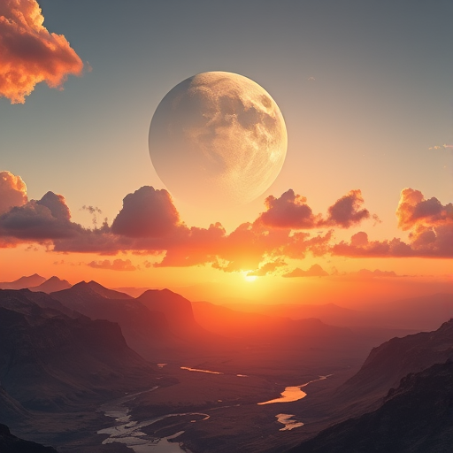 generate a surreal alien landscape at sunset with dramatic clouds, a massive planet in the sky, mountain ranges, and a winding river flowing through the terrain