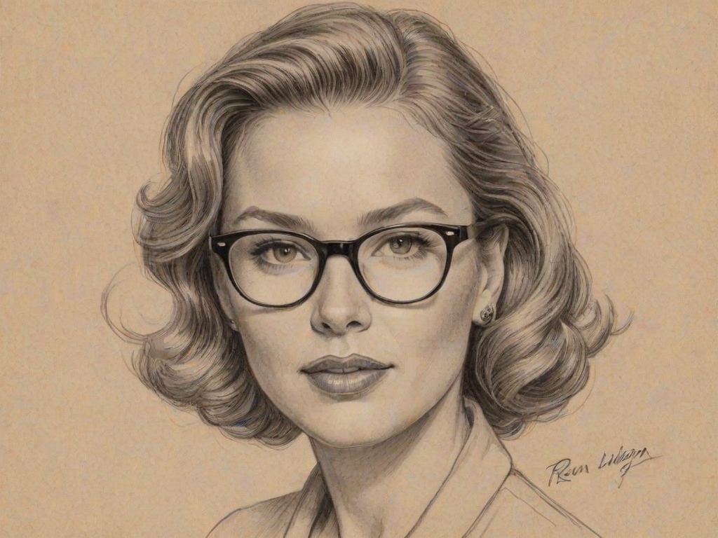 Resplendent Ren'e Zellweger, pencil sketch, portrait of Attractive woman 1951s in glasses, hair style beatnik, outline, clear lines, fine lines, 8k