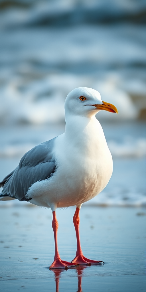 A close-up of a seagull standing on the shore, with soft waves in the background, captured with a Canon EOS 5D Mark IV using a 50mm lens, aperture f/2.8, ISO 100, shutter speed 1/400s, natural light, shallow depth of field for a blurred background.