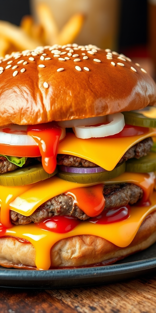 High-resolution, close-up image of a gourmet double cheeseburger. The burger features a glossy, sesame-seed-topped brioche bun. Inside, there are two thick, juicy beef patties, each topped with melted cheddar cheese. The burger is garnished with fresh lettuce, tomato slices, diced onions, and pickles. A generous amount of ketchup and a creamy, orange-colored sauce is dripping down the sides, adding to the mouth-watering appeal. In the background, there are blurred elements including a side of golden French fries and a hint of a beverage, enhancing the overall presentation of a delicious meal.