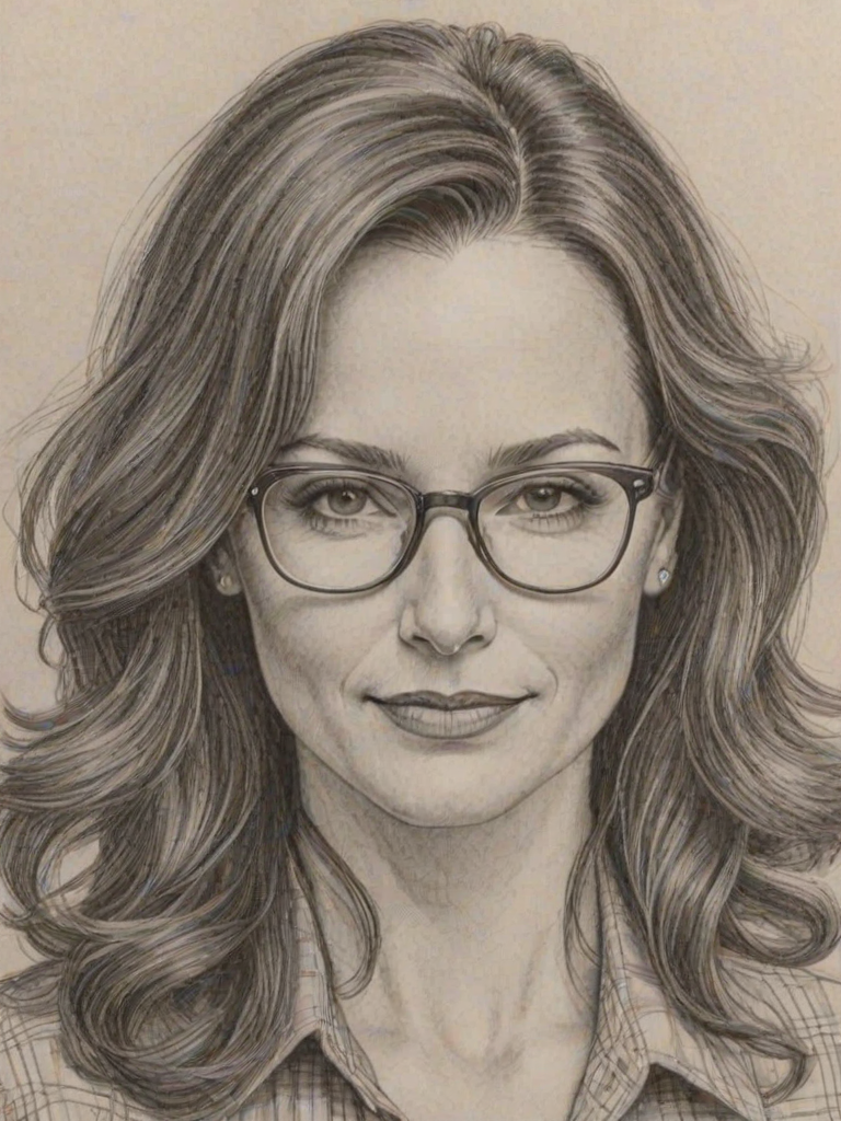 Bewitching Kristin Davis, pencil sketch, portrait of Attractive woman 1974s in glasses, hair style beatnik, outline, clear lines, fine lines, 8k