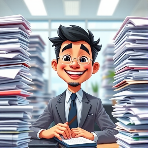 Create a cartoon character of a grinning businessman surrounded by towering piles of paperwork and a calculator, in a brightly lit office, using a Canon EOS R5 with a 50mm f/1.2 lens, shooting at f/2.8, ISO 100, and a shallow depth of field for vibrant colors and sharp details.